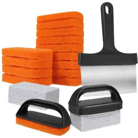 Kit 19 pièces accessoire nettoyage, pierre décapante, grattoir métal, tampon récurant, pour gril barbecue (1/3)