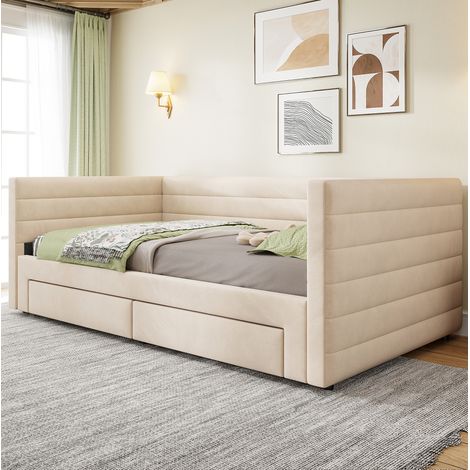 Schlafsofa 90x190 cm beige aus Baumwoll-Leinen mit Ausziehfunktion und 2 Schubladen (1/5)
