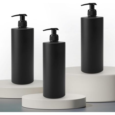 3-teiliges schwarzes Seifenspender-Set, 500-ml-nachfüllbare Shampoo-Flasche aus Kunststoff mit Etikett, leere Pumpflasche für Bad und Hotel (1/5)