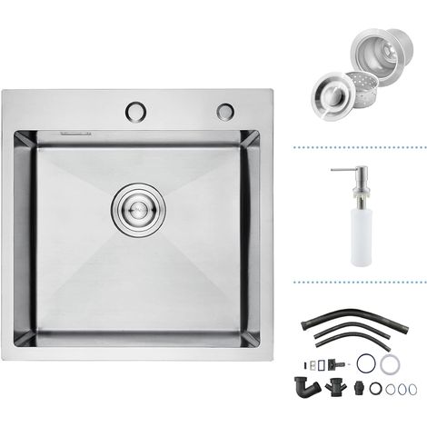 Évier de Cuisine, 1 Bac 50 x 50 cm, Acier Inox Brossé, 2 Trous pour Robinet (1/5)