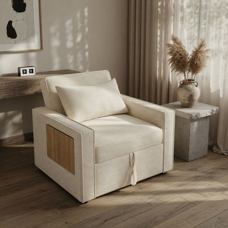 Canapé-lit avec port USB et support pour téléphone portable fauteuil d'appoint convertible en canapé-lit, en velours côtelé,beige (1/5)