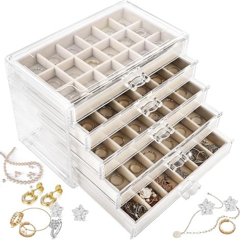 Organisateur de Bijoux en Acrylique à 5 Tiroirs - Boîte à Bijoux Transparente avec Doublure en Velours Beige - Rangement Modulable pour Boucles d'Oreilles, Bagues et Colliers sur la Coiffeuse (1/5)