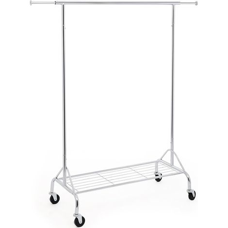 SONGMICS Stand Appendiabiti Attaccapanni in Metallo Cromato con Ruote, Portata Fino a 50 kg, Argento, (110,5-150,5) x 160 x 48,5 cm HSR02S (1/5)
