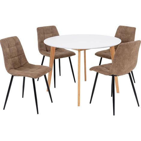Vojens Essgruppe Esstisch Ø105cm Weiß und 4 Middelfart Stuhl braun.