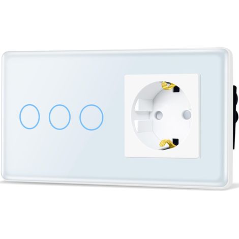 Interrupteur tactile avec prise, prise standard UE 1 compartiment 3 compartiments, 1 voie, interrupteur encastré avec plaque en verre incurvé 2,5D, 86 x 157 mm, blanc (1/5)