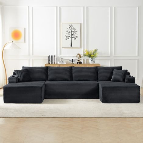 Canapé U modulable en velours côtelé avec coussins à ressorts, porte-gobelets et poches latérales pour salon et appartement (1/5)
