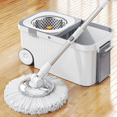 Ensemble balai rotatif à 360° avec seau centrifuge en acier inoxydable, 4 recharges de balai, seau portable, système de drainage, blanc et gris (1/5)