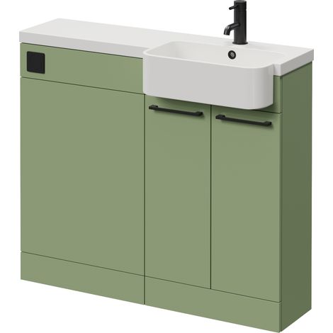 Napoli 250 Olive Green 1000mm 2 Door Vanity Unit Toilet Suite with Right Hand Round Rico Semi Recessed Basin - 1000mm - Matt Black 160mm HandleWithout Kingston Toilet Pan