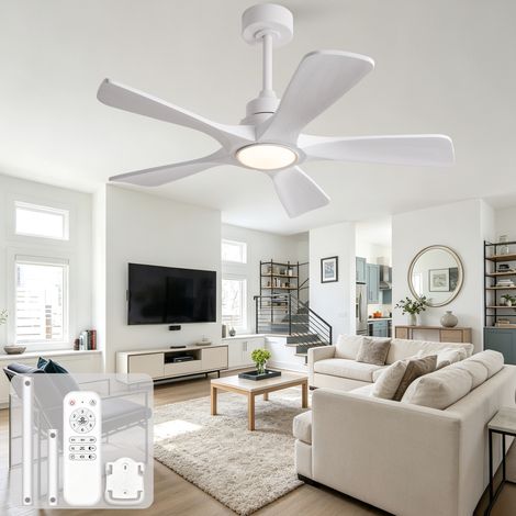 Ventilateur de Plafond 42" 106cm Blanc avec Éclairage LED Dimmable - 5 Pales en Bois Massif Moteur DC Silencieux avec Télécommande et Minuterie (1/5)