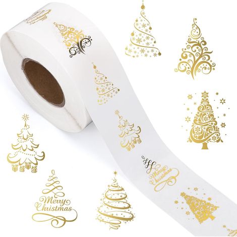 Lot de 500 autocollants transparents de Noël en feuille d'or, 6 modèles, pour enveloppes, invitations, cartes, cadeaux, décorations, (1/5)