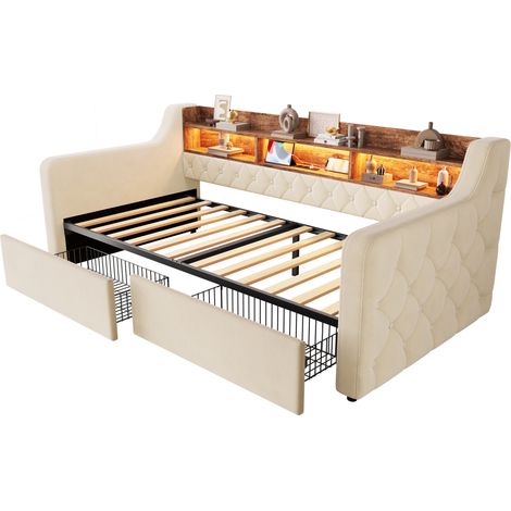 Cama capitoné 90x190 cm con almacenaje, LED, USB-C y 2 cajones, terciopelo beige (1/5)