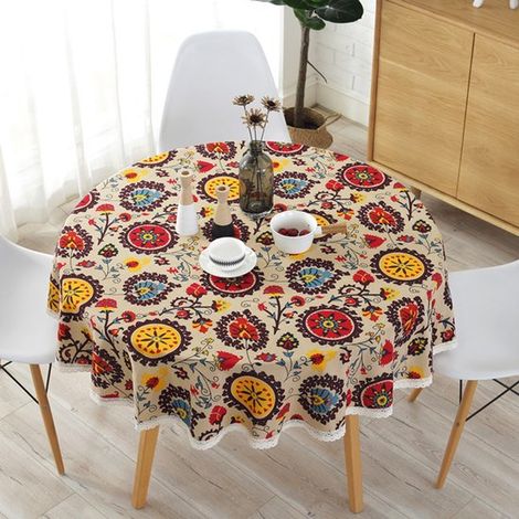Nappe - 150 cm ronde - Nappe - Couvertures de table décoratives - Toile cirée - Nappes - Style bohème - Couleur - Fleurs - Katoen Lin - Convient pour un usage domestique (1/5)