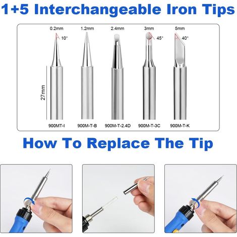 Fer à Souder Kit, 8 en 1 60W 200-480℃ Température Réglable Kit Fers à Braser avec Interrupteur ON/OFF, Station de Soudage, 5 Conseils de soudage, 10g Fil de Soudure (1/4)