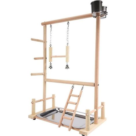 Perchoir in wood natural for parrots Bracket of set with scales and feeders in stainless steel Dimensions 36,5 x 23 x 57 cm (1/3)