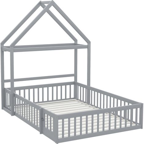 Lit enfant cabane 140 x 200 gris avec rangement, barrière complète et sommier (1/5)