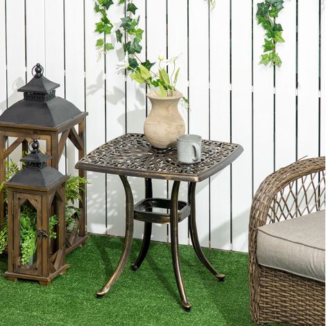 Table d’appoint de jardin en aluminium bronze carrée avec trou pour parasol, style vintage, résistante aux intempéries (1/5)