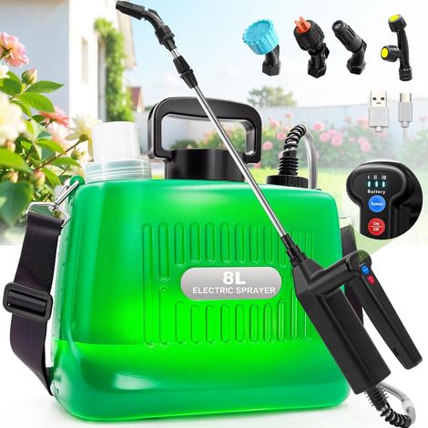 Battery Powered Sprayer 2 Gallon, 2025 New Electric Garden Sprayer with 3 Spray Force, Battery Indicator, Rechargeable Handle, 23.6" Telescopic Wand,4 Mist Nozzles,Shoulder Strap, for Lawn and Garden (1/5)