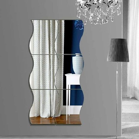 Self Adhesive Wall Mirror, 6 Pcs Silver Mirror Wall Stickers, Ribbed Shape Plastic DIY Wall Sticker Mirror for Home Office Surface Decoration (Silver, 12x10cm)