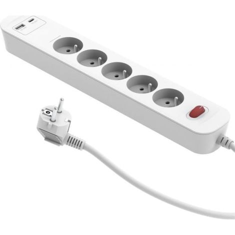 Prolunga a ricarica rapida PD20, 5 prese con interruttore + 2 porte USB (A+C), 1,4 m, bianca / 34097