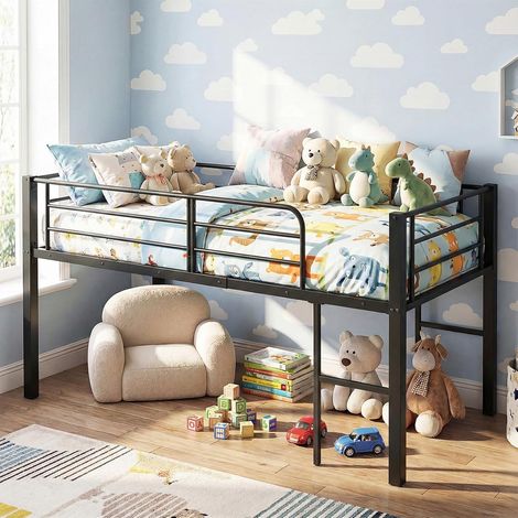 COSTWAY Letto a Soppalco Singolo 190 x 90 cm, Struttura Letto in Metallo con Sponde di Sicurezza, 2 Scale, Spazio Sotto il Letto e Supporto Solido (Nero) (1/4)