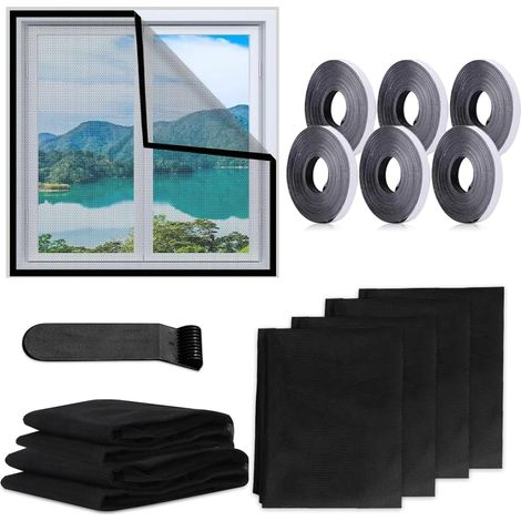 6 Pièces Moustiquaire pour Fenêtre, 130 cm x 150 cm Moustiquaire Fenêtre Avec 6 Rouleaux De Bandes Autocollantes, Moustiquaire Adhésive pour Fenêtre, Auto-Adhésive et Sans Perçage (Noir) (1/5)