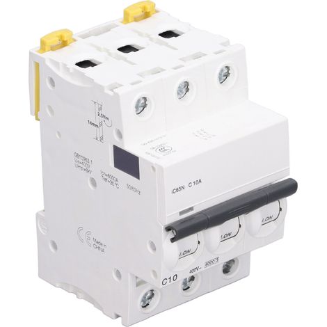 Disjoncteur modulaire 3P 400V 10A IC65NC10A rail DIN, protection surcharge basse tension, interrupteur coupure (1/5)