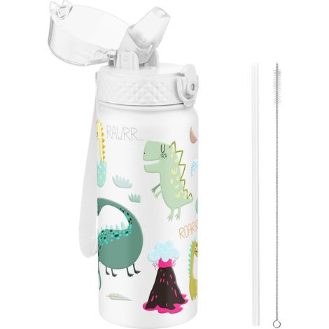 Kinder Trinkflasche 550ml Edelstahl mit Strohhalm, auslaufsicher, BPA-frei, Dinosaurier-Design (1/5)