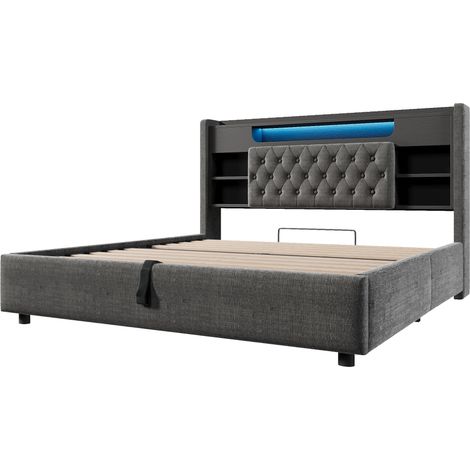 Cama con almacenaje 140x200 cm de lino gris con LED, USB y USB-C MODENUIT (1/5)