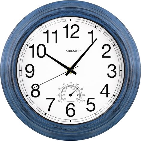 Horloge Murale Extérieure 30cm Étanche Indigo avec Thermomètre Horloge murale extérieure étanche 30cm. Silencieuse sans tic-tac et dotée d'un thermomètre central. Idéale pour le jardin. (1/5)