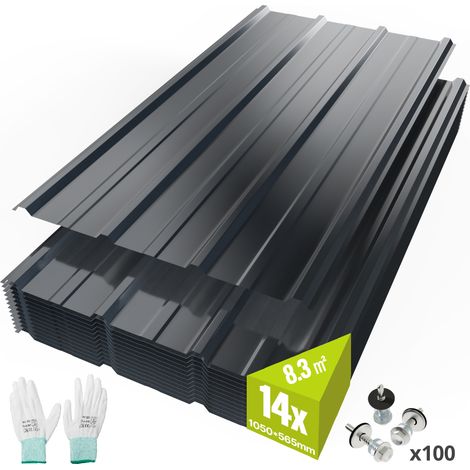 14 x Panneau et lame de bardage, 14x105x56.5cm=8.3m²Tôle Bac Acier Toiture, 0.25mm Tôles de Bardage Ondulées Galvanisées pour Couverture, Gris Foncé, Mondeer