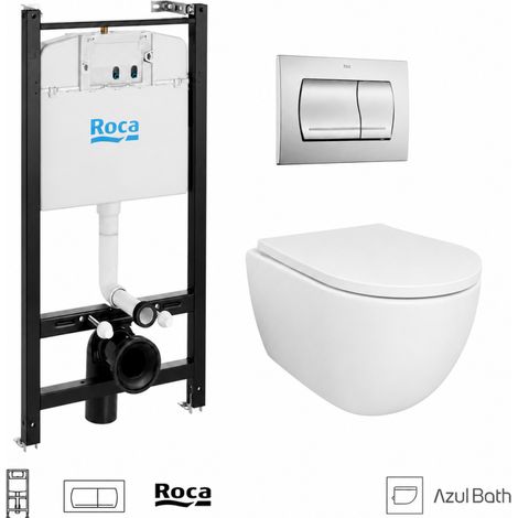 Pack WC Bastidor empotrado ROCA Active cisterna empotrada y pulsador cromo brillo con inodoro suspendido SWISS 53 cm Tornado y Soft-Close de Azul Bath (1/5)