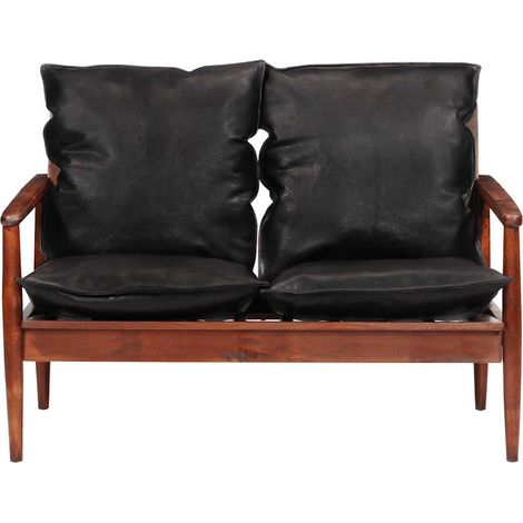Canapé droit fixe 2 places, Canapé de relaxation Meuble de Salon, noir cuir véritable et bois d'acacia solide OIB7374E (1/4)