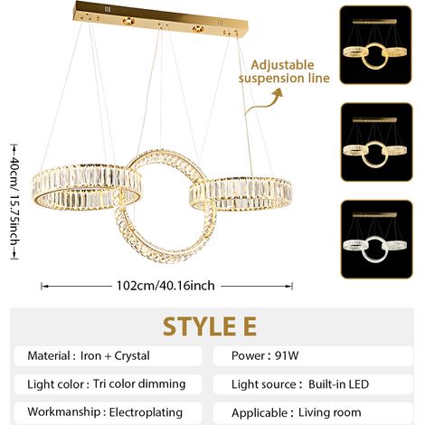 LED Kristall-Hängeleuchte Gold, 3-Ring-Design, 3 Lichtfarben, Höhenverstellbar, Exklusive Deckenlampe für Wohnzimmer
