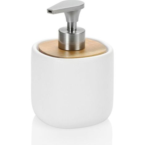 Distributeur de Savon en Céramique Blanche et Acacia (1/3)