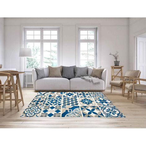 Tappeto Arredo Moderno Morbido in Ciniglia Ingresso Antiscivolo Prodotto Italiano Soggiorno Camera Salotto Disegni Piazzati Cotone Varie Misure Grande Maioliche Ottanio - 65x115 cm (1/5)
