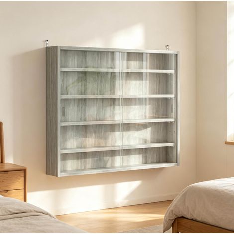 Vitrina de pared gris con puertas correderas de cristal 80 x 9,5 x 60 cm OKWISH (1/5)