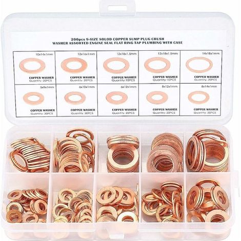 royaluxe - Cuivre Rondelles Metal, Joints Bague D'étanchéité, Rondelles Plates, Joint Torique avec Boîte pour L'étanchéité - 200 Pcs/M5 M6 M8 M10 M12 M14 (1/5)