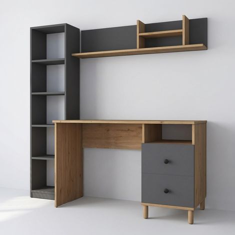 Schreibtisch mit Regal und platzsparendem Ablagebord Meral - Anthrazit