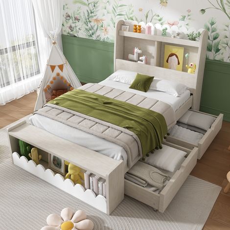 Kinderbett Einzelbett Stauraumbett mit Schubladen, Regal und Sitzbank mit Stauraum, Holzbett 90x200 cm, Bettgestell und Lattenrost aus Holz, Weiß mit Eichefarben (Ohne Matratze) (1/5)