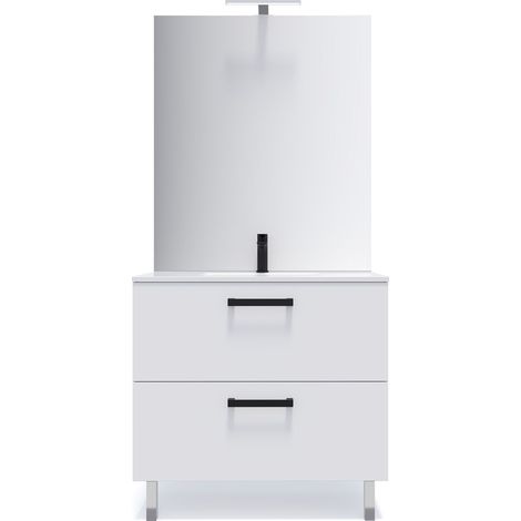 Meuble de salle de bain suspendu avec pieds vasque intégrée 90cm 2 tiroirs Blanc + miroir - Chelsea (1/5)