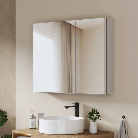 EMKE Armoire à miroir de salle de bain 65×80cm, Armoire miroir de salle de bain double porte avec étagères en verre réglables, Poignées dissimulées, Rangement au dos des portes