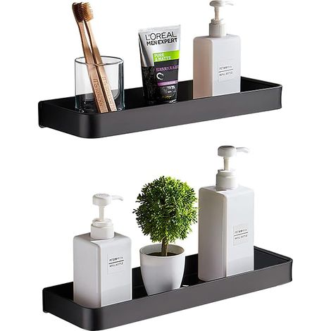 Duschregal aus Aluminium, selbstklebend, für Badezimmer und Küche, Schwarz, 2 Stück (1/5)