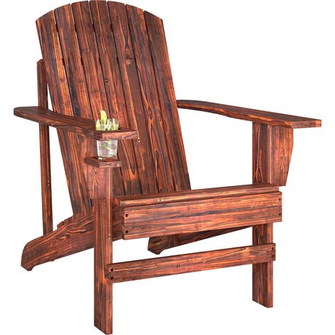 Adirondack-Gartenstuhl mit Getränkehalter, Gartenliege, Balkonstuhl, Massivholz, verkohlt, 72 x 95 x 93 cm