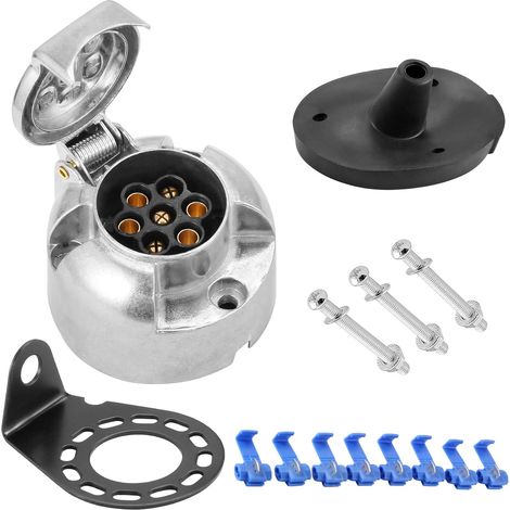 Prise Remorque 7 Broches Femelle en Metal, Prise d'attache métal 7 Broches pour remorque de Voiture,12V Prise Attelage 7 Broches Aluminium,avec Kit Support et Joint arrière Étanche (1/5)
