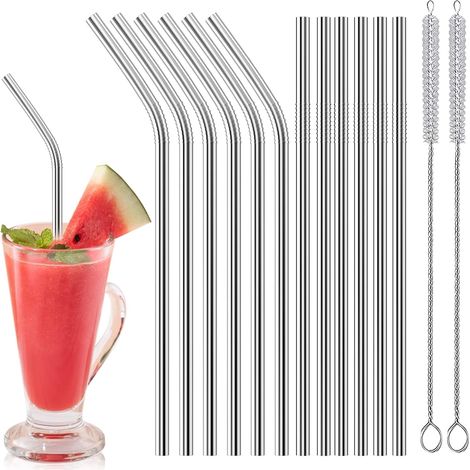 Pajitas reutilizables de acero inoxidable, juego de 12, rectas y curvas, cepillos de limpieza, para cócteles, batidos, café helado, té de burbujas, 21 cm (1/4)