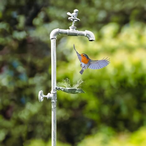 Metal Tap Bird Bath Freestanding 92cm Garden Bird Bath Feeder Rustic Leaf Bowl Outdoor Decorative Bird Feeder Stand
