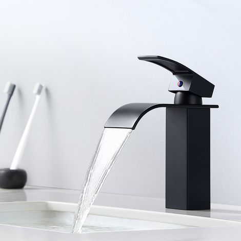 Auralum Hochdruck Wasserfall Wasserhahn Bad Armatur Mischbatterie Badarmatur Einhebelmischer Waschtischbatterie für Badezimmer, Schwarz (1/10)