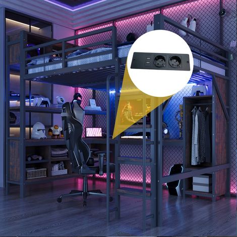 Lit mezzanine 140x200 cm avec bureau penderie rangement, éclairage LED, prises norme UE, barrière sécurité haute style gaming couleur noir (sans Matelas) (1/5)