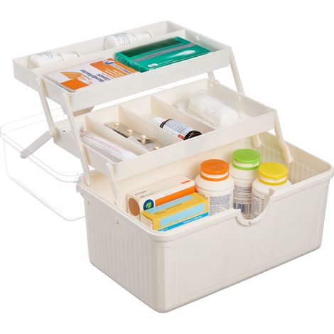 Relaxdays Medicine Storage Box, 7 Compartments, First Aid Supplies Organiser, Plastic, HWD: 20.5 x 30 x 21 cm, White
