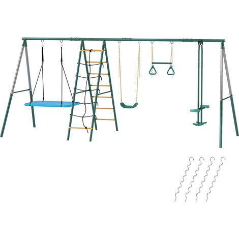 Portique 5 en 1 balançoire nid réglable, anneaux gymnastique, structure escalade double, enfants 3-8 ans, 440 x 175 x 203 cm